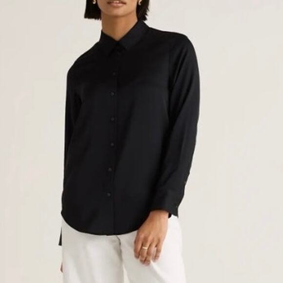 Womens Quince Washable Stretch Silk Blouse Black Long Sleeve Size L EUC! - Picture 1 of 4